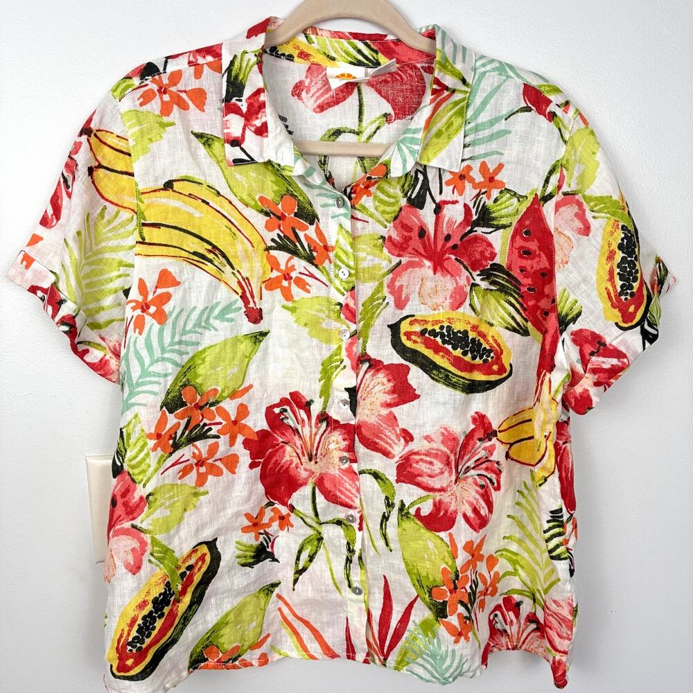 C&C California Fruit Print 100% Linen Button Down Shirt Size L Tropical Vacation